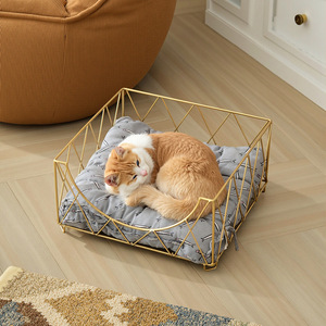 Wrought Iron Pet Bed Rectangle Geometric Pattern Durable Floor Standing <b>Cat</b> Dog Cage With <b>Mat</b> All Seasons Use - Product Image 3