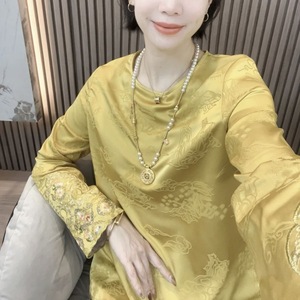 Traditional Chinese Style Embroidery Loose Fit Top Beige Pink Yellow Polyester Daily Wear - Product Image 4