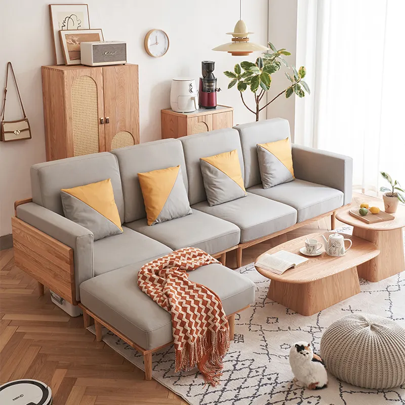 Neues Design Modernes Wohnzimmer Eiche Massivholz Möbel Design Sofa Set Graue Farbe Stoff Ecksofa