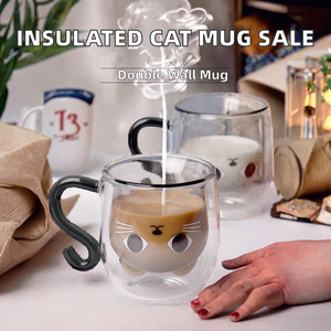 Mug en <span class=keywords><strong>verre</strong></span> borosilicate à double paroi avec poignée en forme <span class=keywords><strong>de</strong></span> <span class=keywords><strong>queue</strong></span> <span class=keywords><strong>de</strong></span> chat, résistant à la chaleur, isolé, pour café, thé, lait, pour la maison ou le bureau - Product Image 2