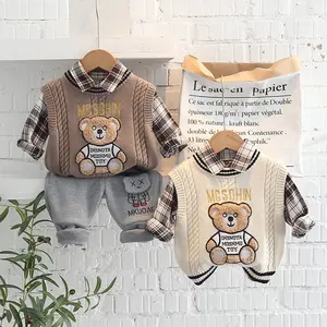 Boys Clothing Set Autumn 3PCS Long Sleeve Baby Outfits Sweet Cartoon Bear Sweater Vest Plaid Shirt Cotton Pants Baby Clothes