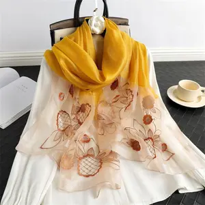 Popular Hot Selling Mulberry silk Rayon Embroidery Fasion Scarf Woman Hijab Scarf