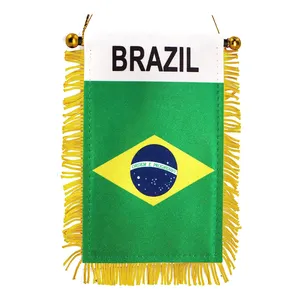 Harga langsung bendera Mini 4X6 inci kustom dekorasi kaca spion mobil rumbai sisi ganda bendera gantung jendela Brasil