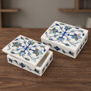 Boîte à bijoux moderne en marbre indien multicolore de luxe avec motif floral et incrustation de nacre Stonecrafts International 10x7,5 cm pour table - Product Image 1