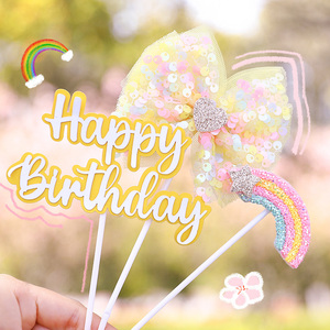 Décoration de gâteau style INS, nœud à paillettes <span class=keywords><strong>arc</strong></span>-<span class=keywords><strong>en</strong></span>-<span class=keywords><strong>ciel</strong></span>, carte de gâteau d'<span class=keywords><strong>anniversaire</strong></span> à insérer, accessoire de gâteau pour fête de fille - Product Image 3