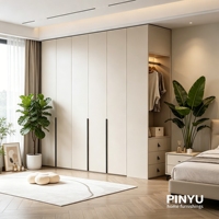 Armoire murale complète en bois composite à panneaux plats sans rainures, avec tiroirs dissimulés, grand espace de rangement intérieur et miroir