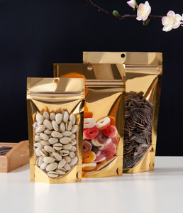 Feuchtigkeitsbeständiger, goldfarbener, transparenter Standbodenbeutel mit wiederverschließbarem Aluminiumfolien-Zipverschluss für die Aufbewahrung von Snacks und Nüssen. - Product Image 6