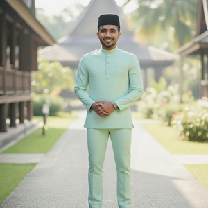 Melayu sipo Malaysia lễ hội bạc hà màu xanh lá cây Mandarin cổ áo kurta với tạp dề đầy màu sắc, đen songkok & lu-sh xanh sân đường dẫn. - Product Image 3