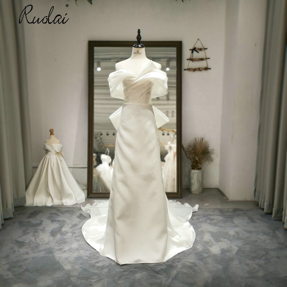 QD05007 Off the Shoulder Ruffles with Bow Satin Wedding Gowns Long A-Line Wedding Party Dress