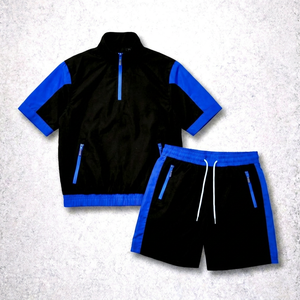 Custom Men's Black Blue 2 Piece Summer Tracksuit Set Quarter Zip <b>Short</b> Sleeve Top and <b>Shorts</b> Sportswear Set - Product Image 1