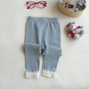 Tongxingyuan Girls <b>Leggings</b> Solid Color Knitted Cotton Long Pants <b>With</b> <b>Lace</b> <b>Trim</b> For Autumn Wear - Product Image 4