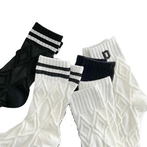 Crew Socks Mid Calf Black <b>White</b> Diamond Pattern Preppy Sporty Style Sweat Absorbing Polyester Fiber Women Casual Socks - Product Image 5
