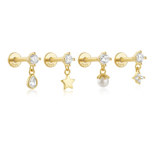 CANNER 16G Plata de Ley S925, Múltiples Estilos, Colgante de Estrella, Flor, Perla y Gota de Agua, Joyería de Perforación con Parte Trasera Plana y Rosca - Product Image 1