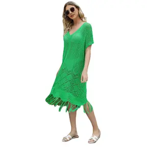 2024 Groothandel Vrouwen Effen Kleur Sexy Cover Up Jurk V-Hals Rekbare Uitgeholde Strand Kaftan Vrouwen Badkleding