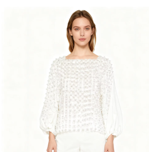 Elegante Blusa di Lusso da Donna <span class=keywords><strong>con</strong></span> Perle e <span class=keywords><strong>Pizzo</strong></span> Floreale Dorato in Stile Vintage, Top Ampio e Traforato - Product Image 3