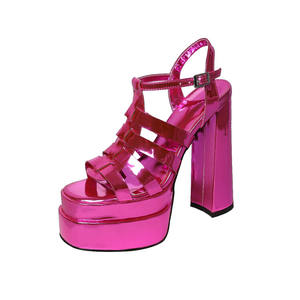 WEETKISS 2023 verde <span class=keywords><strong>blu</strong></span> rosa nero bianco tacco alto tacco grosso doppia piattaforma <span class=keywords><strong>sandali</strong></span> con tacco a T in <span class=keywords><strong>pelle</strong></span> verniciata - Product Image 4