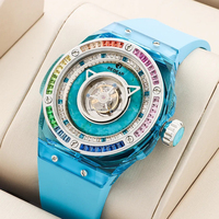 Montre mécanique tourbillon haut de gamme pour homme, boîtier en cristal transparent, bracelet en fluororubber, design luxueux avec diamants