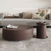 Table basse ronde contemporaine en pin avec plateau en verre trempé et tiroir de rangement pour ensemble de meubles de salon