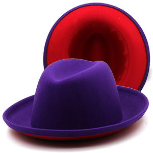 Fedora en <span class=keywords><strong>feutre</strong></span> de laine bicolore pour femmes et hommes Fedora à fond rouge 2 tons avec <span class=keywords><strong>souffleur</strong></span> à bord court plié à bord enroulé Fedoras - Product Image 2