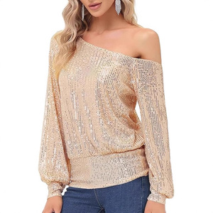 One-Shoulder <b>Sequin</b> <b>Top</b> Long Sleeve Off Shoulder Blouse Women Party Dress Shirt Silver Black Red Purple Gold White Pink A-Line - Product Image 2