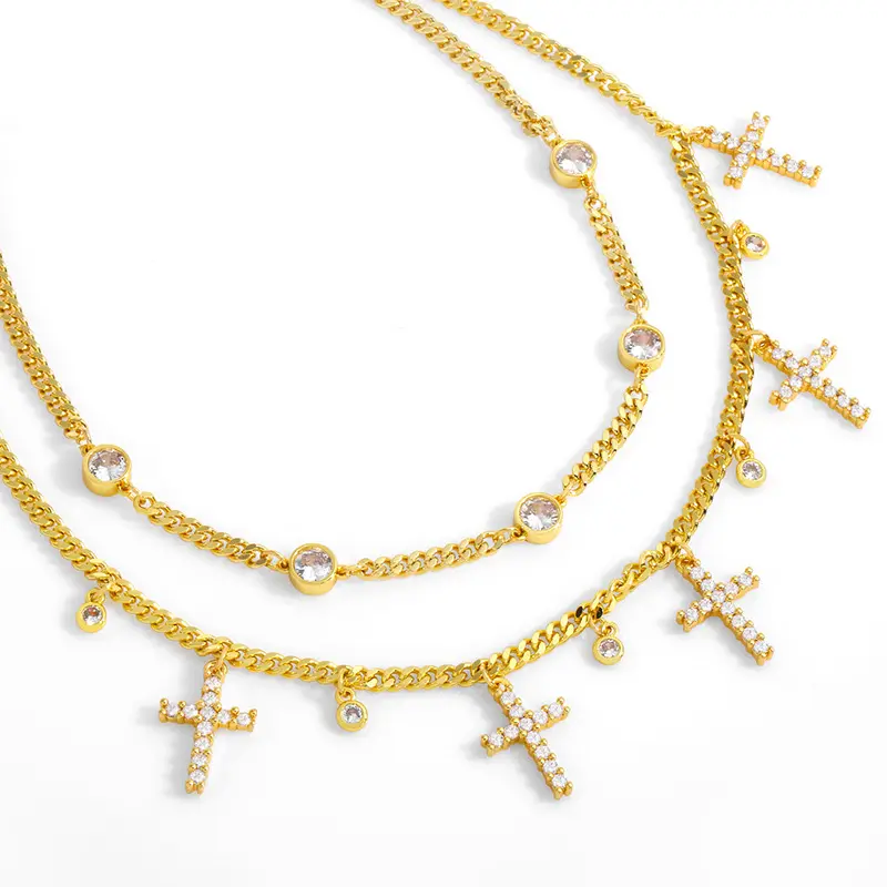 Fashion Jewelry Personalized Vintage Zircon Cuban Chain Cross Tassel Necklace