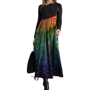 Nuovo Abito Lungo da Donna Autunno Inverno 2025 Eco-Friendly con Stampa Etnica Retrò, Scollo a V, Maniche Lunghe, Vestibilità Slim e Gonna a Trapezio - Product Image 2