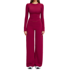 ชุดโยคะดิสโก้สปอร์ต เสื้อคอกลมแขนยาวเอวสูง ผ้าสี่ทิศทางยืดได้ ขาบานทรงหลวม ชุดออกกำลังกายกลางแจ้ง - Product Image 3