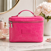 Pochette cosmétique rose brillante personnalisée avec logo en relief, double fermeture éclair, étui à maquillage portable, organiseur de beauté de voyage