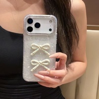 Coque de téléphone de style coréen avec nœud papillon, compatible avec iPhone 18, Apple 17, 16 Pro Max, motif de coque luxueux incrusté de diamants.