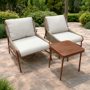 Contemporary Rattan <b>Garden</b> <b>Chair</b> Set with Beige Cushions Tapered Legs Outdoor Furniture Durable Aluminum Frame <b>Teak</b> Table - Product Image 1