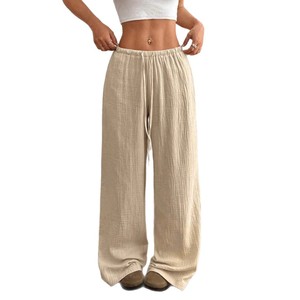 Pantalones Rectos Casuales de Playa para Mujer, Estilo Europeo Americano, Corte Holgado, Tela Imitación Lino Absorbente, Personalizables - Product Image 3