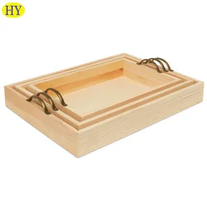 Ecofriendly Unfinished Wood Serving Trays Wood Organizer Nesting Plate Rectangle Vintage Wooden Food Tray With Metal Handle