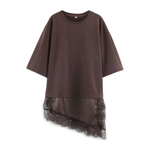 Nuova Moda 2026: T-shirt da <span class=keywords><strong>Donna</strong></span> Slim Fit con Collo Tondo, Maniche Corte e Dettagli Asimmetrici in <span class=keywords><strong>Pizzo</strong></span> e Canapa - Product Image 4