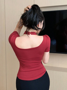 <span class=keywords><strong>Camiseta</strong></span> <span class=keywords><strong>de</strong></span> Verano con Cuello en V, Sexy, con Hombros Descubiertos, Cuello Corto Cruzado, Estilo Delgado y Ajustado para <span class=keywords><strong>Mujer</strong></span> - Product Image 5