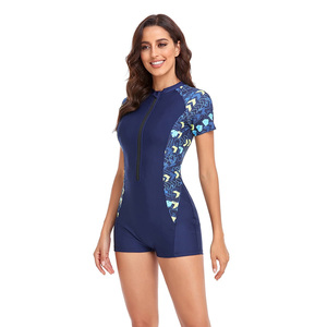 Femmes Solid Short Long Sleeve Upf 50 One <span class=keywords><strong>Piece</strong></span> <span class=keywords><strong>Shorty</strong></span> Wetsuit <span class=keywords><strong>Maillot</strong></span> <span class=keywords><strong>de</strong></span> <span class=keywords><strong>bain</strong></span> pour Surf Dive Swim Noir Bleu Royal - Product Image 3