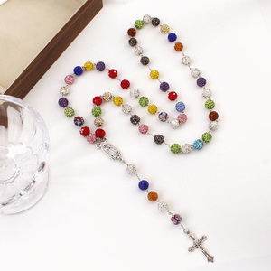 Collier unisexe en perles d'argile polymère avec strass et boule disco, chapelet religieux catholique Notre-Dame <span class=keywords><strong>de</strong></span> Guadalupe - Product Image 1