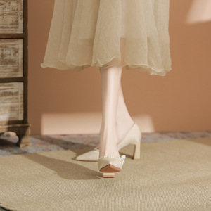 7777-1 <b>Satin</b> Comfort Bridal Pumps Pointed Toe Block Heel Pearl Bead Decor <b>Wedding</b> <b>Shoes</b> for Bride or Bridesmaid - Product Image 4