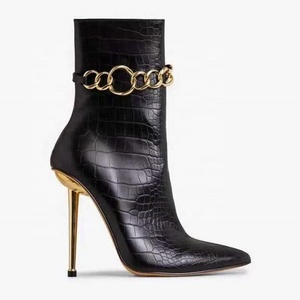 Winter Women <b>Shoes</b> Metal Decoration High Heel Gold Chain Stone Print Ankle Boots Side Zip Fashion Custom Big Size 43 - Product Image 5