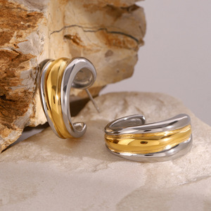 <b>Huggie</b> Earrings Two Tone Gold And <b>Silver</b> Geometric Design Party Jewelry Fashionable Statement Earrings - Product Image 4