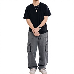 Jean cargo gris pour homme 100 % coton, taille mi-haute, coupe ample, denim délavé avec poches plaquées, style décontracté - Product Image 1