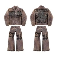 Veste en jean pour homme, fabrication sur mesure, denim, manches longues, effet usé, coupe ample, vintage, patchwork de strass, style motard