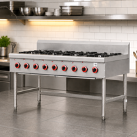 Cuisinière à gaz commerciale moderne en acier inoxydable de 58 pouces avec 8 brûleurs, plaque de cuisson et gril Lava intégré