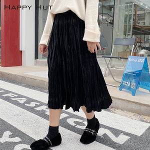 Falda Midi Plisada de Terciopelo para Mujer Talla Grande Happy Hut, Cintura Elástica, Color Negro Café N7891, Poliéster Sólido - Product Image 2