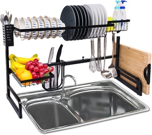 Étagère de cuisine en acier inoxydable à 2 niveaux, sur l'évier, extensible, type séchoir à vaisselle pour le rangement des plats et des bols - Product Image 2