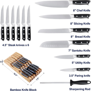 14 cái thép không gỉ dao nhà bếp thiết lập với <span class=keywords><strong>ABS</strong></span> xử lý 3-8 inch cao cấp sắc nét đầu bếp trái cây tiện ích Santoku bánh mì bít tết dao - Product Image 5