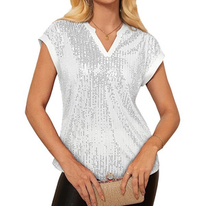 Haut à manches courtes à col en V pour femmes, orné de paillettes, couleur unie, polyester, tenue de soirée, or, blanc, noir, argent, bleu - Product Image 2