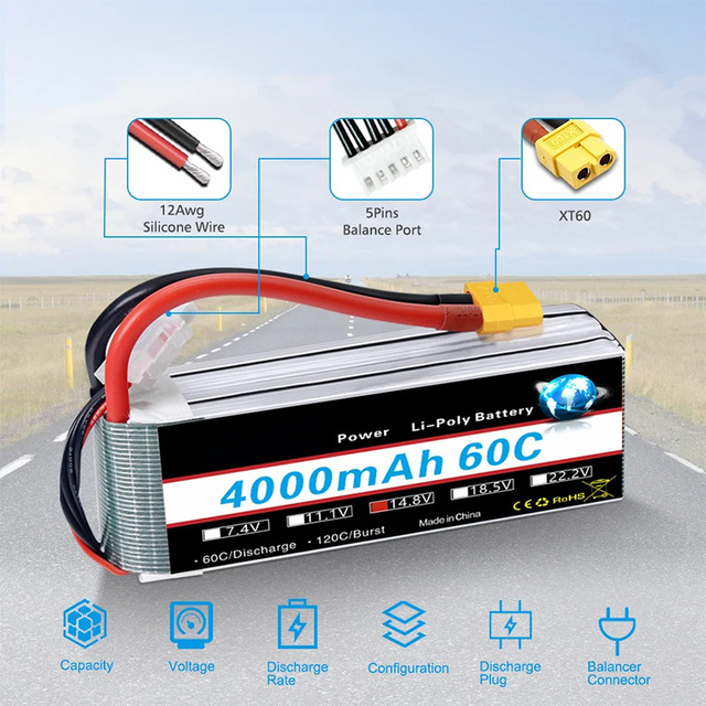 Universal 14.8V 4S 4000mAh 60C LiPo Battery Pack with XT60 Plug for RC Racing Car Truck Boat and Professional UAV Drone 503040