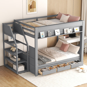 Gray Multi-functional Bunk Bed With <b>Storage</b> Drawers And Lower Sofa For <b>Kids</b> Bedroom - Product Image 1