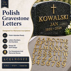 Lettere e Numeri Personalizzati in Acciaio Inossidabile Dorato per Lapidi e Monumenti Cimiteriali con Alfabeto Polacco - Product Image 1
