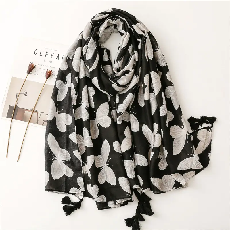 Butterflies style lady Spring Summer headscarf black scarf with white prints hijab scarf
